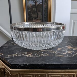 Vintage Mid-Century Pressed Glass Bowl with Silver-Plated Greek Key Rim